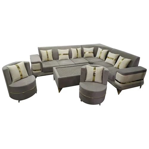 Wooden Velvet 8 Seater Grey L Shape Sofa Set