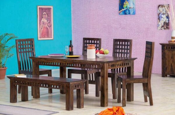 Solid Sheesham Wood Dining Table 6 Seater with Bench for Dining Room