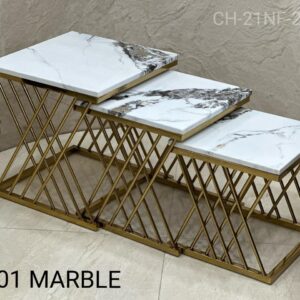 Set of 3 Nesting Square Table with Glass Top, Gold and White