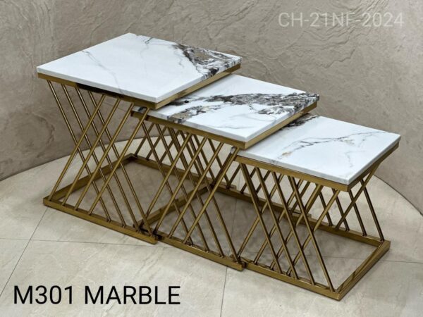 Set of 3 Nesting Square Table with Glass Top, Gold and White